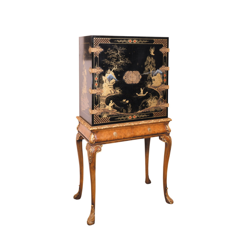Black Lacquered Cabinet on Walnut Parcel Gilt Stand