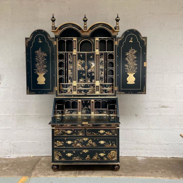 We are thrilled to showcase this beautiful chinoiserie lacquer bureau bookcase.
The bookcase, traditionally gilded and lacquered by our friend Nick Atkins consists of incredible hand-painted  chinoiserie, multiple draws, slides, hidden deed boxes, and a tooled writing panel.

From a client brief to the detailed drawings of our in-house draughtsman Mark, and finally to Keith, one of our makers at T+G who continues to push the standards of traditional cabinet making, we can safely say a bureau of this quality will be cherished for generations to come.

Feel free to contact us regarding any project you have for your house or workplace; we are happy to help. 

RL.25361